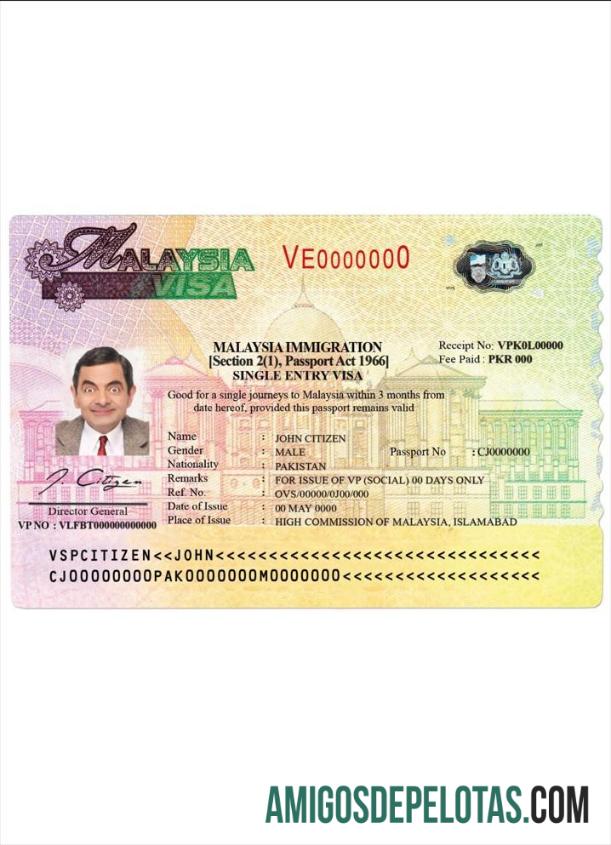 Visto para a Malásia exemplo